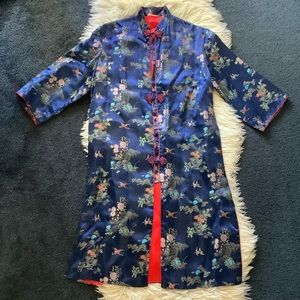Vintage Japanese Kimono robe floral crane navy & red Small/Medium